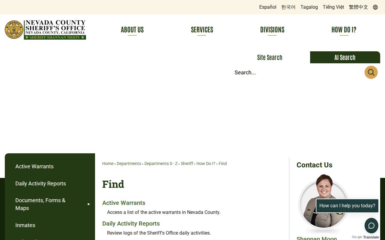 Nevada County Find an Inmate page for recent arrest and jail records