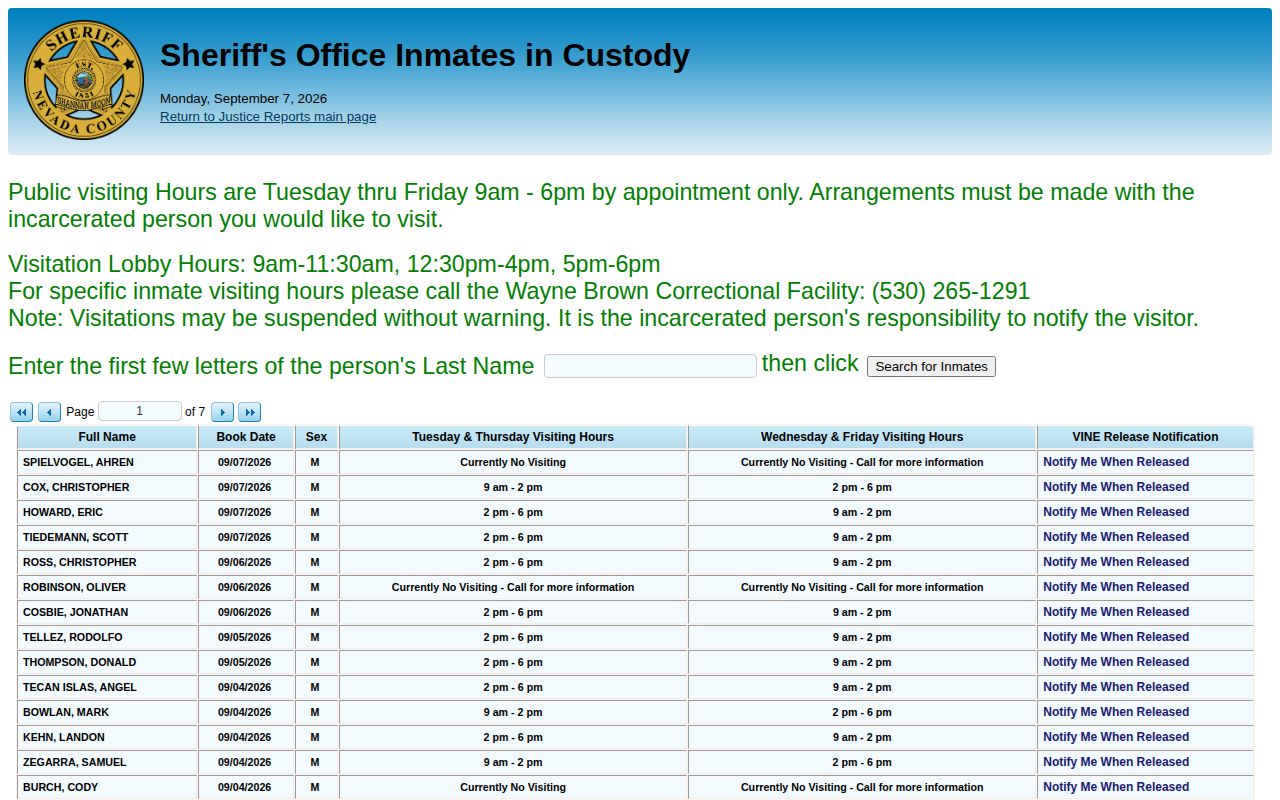 Nevada County Sheriff Inmates in Custody report interface