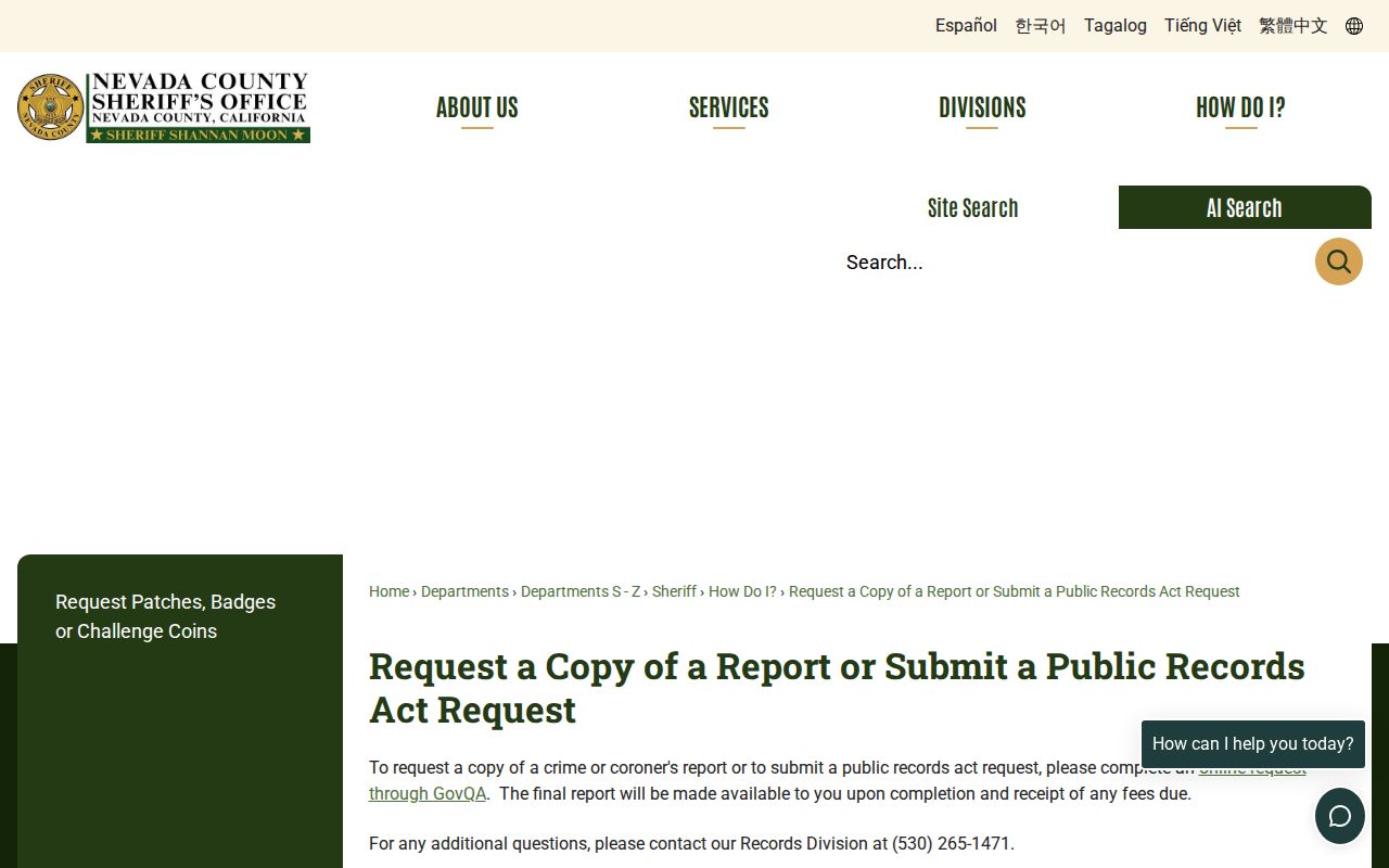 Nevada County Sheriff arrest report and public records request page