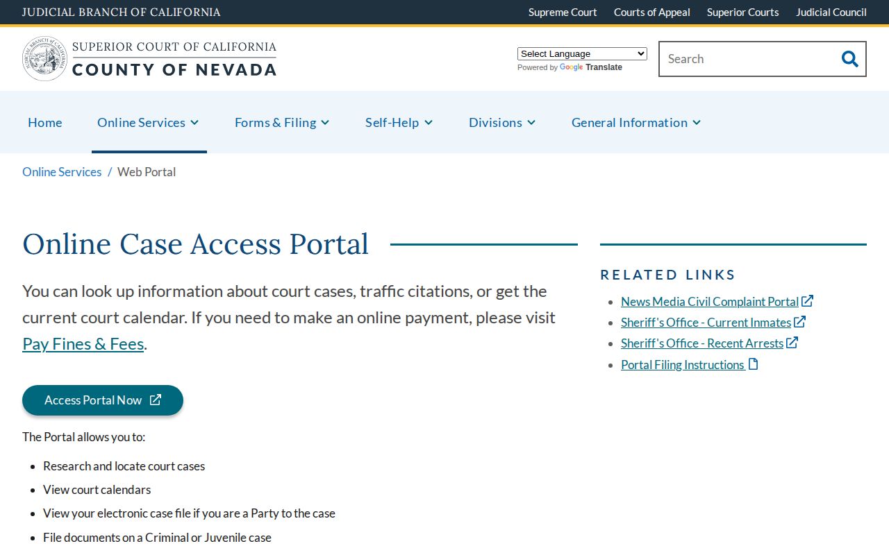 Nevada County Superior Court portal for arrest case records