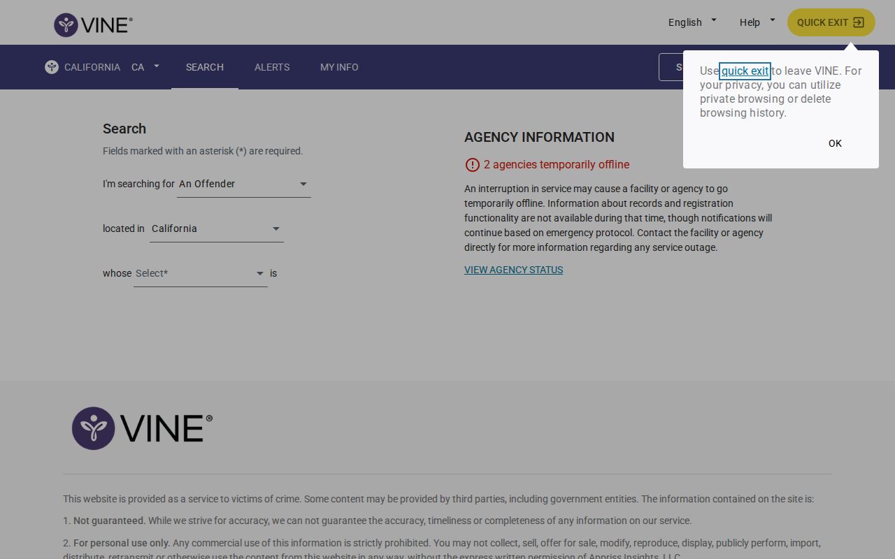VINELink California person search for Nevada County custody records