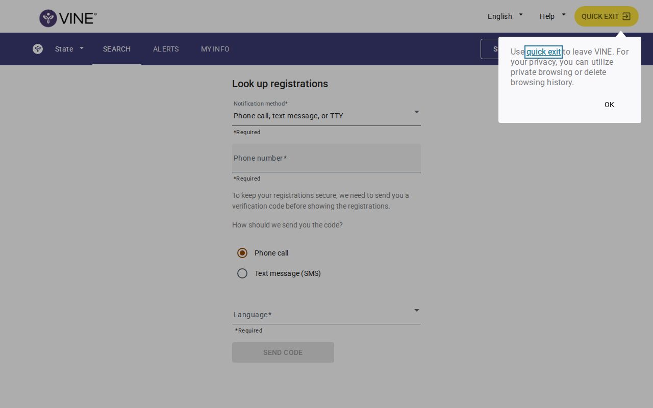 VINELink registration for Nevada County release and transfer alerts